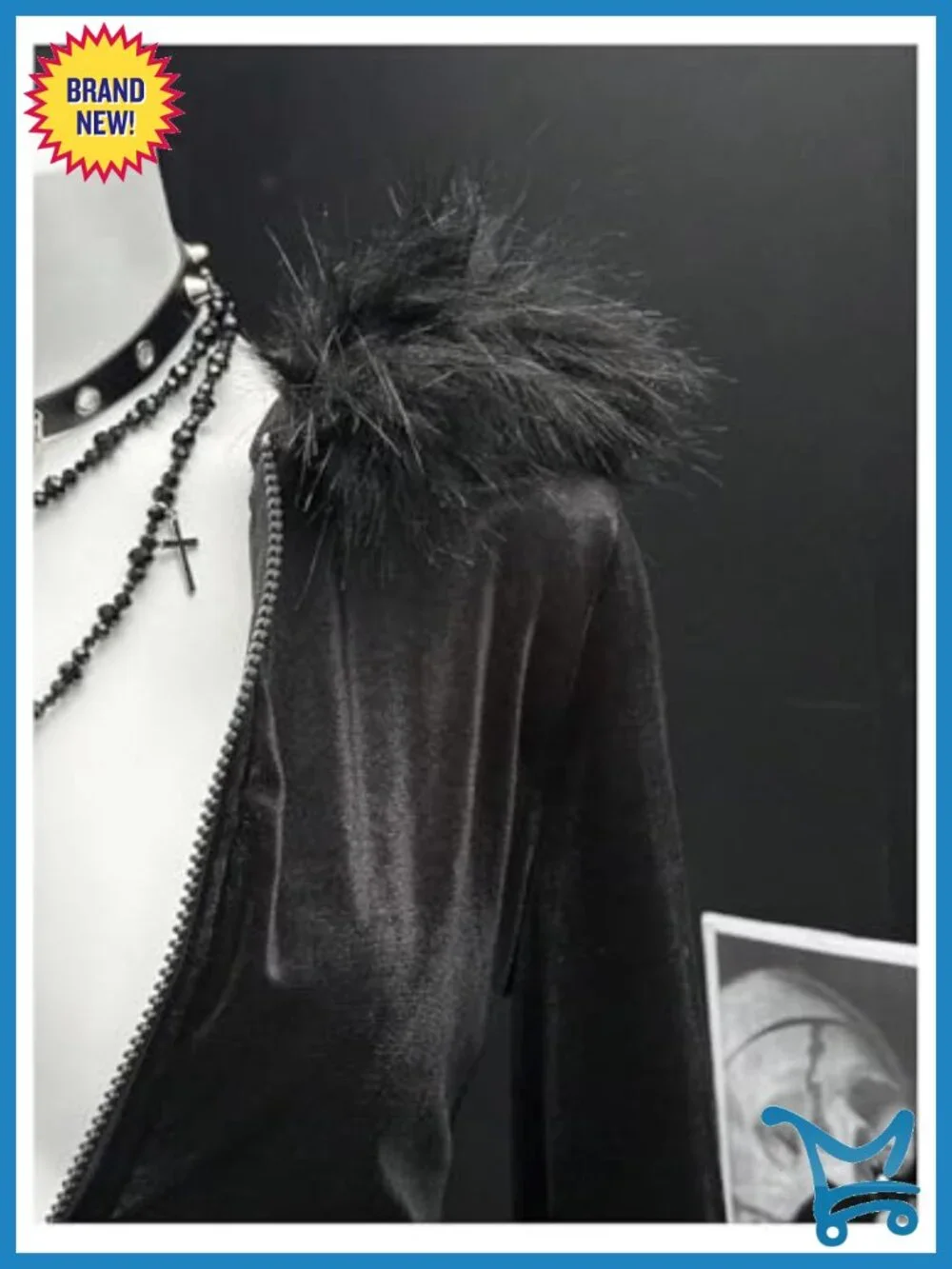 Goth Faux Fur Zip Up Hoodie with Rivets Long Sleeve Fuzzy Hooded Sweatshirt - Picture 3 of 4